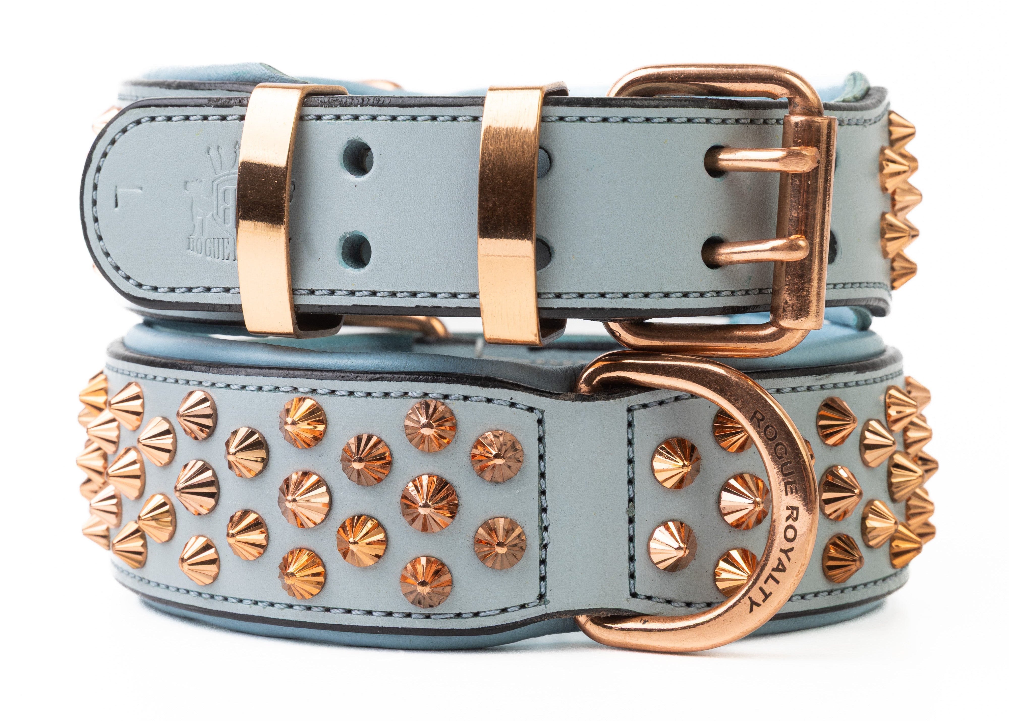 Hand Made Leather Dog Collar - Imperial Baby Blue & Rose Gold (Wide Fit)