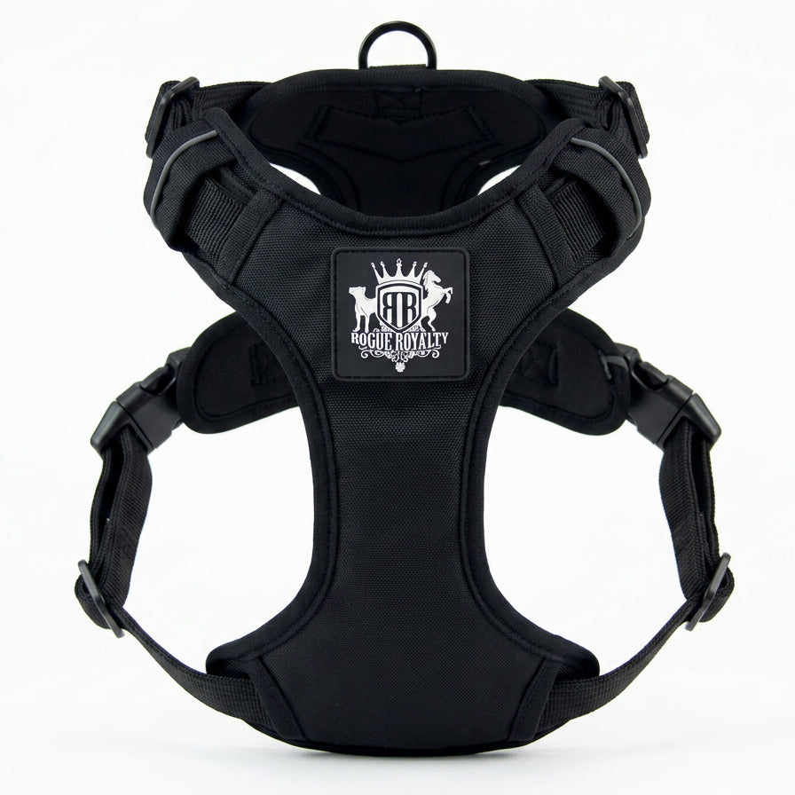 Black dog harness with a visible brand logo on a white background