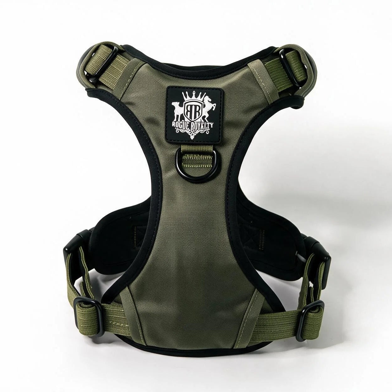 An olive green tactical dog no pull dog harness shown from the back, featuring black padding, adjustable straps, front ring and a Rogue Royalty black brand patch with a white logo.
