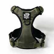 An olive green tactical dog no pull dog harness shown from the back, featuring black padding, adjustable straps, front ring and a Rogue Royalty black brand patch with a white logo.
